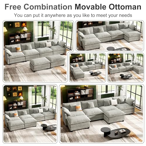 Image of 146 inch Cloud Couch Sectional Modular Sofa, Deep Seat Couches with Ottoman and Removable Washable Pillows for Living Room, Bedroom, Apartment, Light Grey