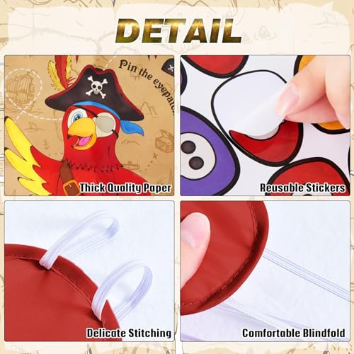 Image of WERNNSAI Pin the Eyepatch on the Pirate - Pirate Birthday Party Supplies for Kids Boys Halloween Treasure Hunt Party Game 28 inch x 21 inch Parrot Poster with 24 Stickers and Blindfold
