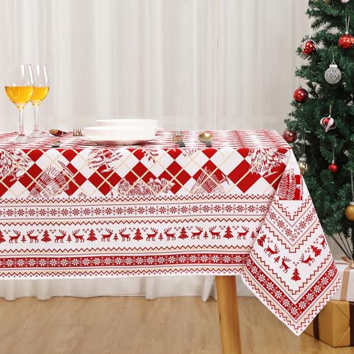 CAROMIO Mantel de Navidad lavable, decoración de mesa para Navidad, impermeable, con estampado de ciervos, sin arrugas, para comedor, antimanchas, rojo, 137 x 200 cm