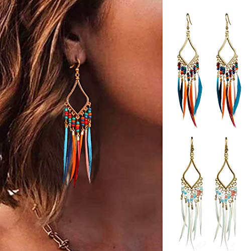 Gold Bohemian Earrings Set with Feather Tassel for Women