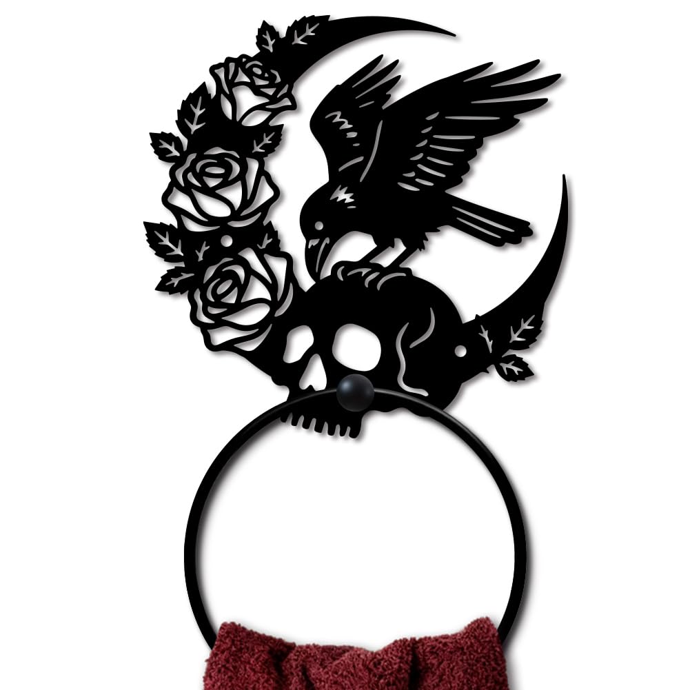 MAYJOYDIY Gothic Raven Metal Towel Ring Skull Raven Hand Towel Holder