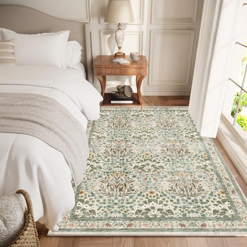 Image of Vintage Washable Area Rug 4x6, Beige & Blue Low Pile Non-Slip Stain Resistant, Distressed Retro for Bedroom Under Bed, Living Room, Nursery, Kitchen & Entryway