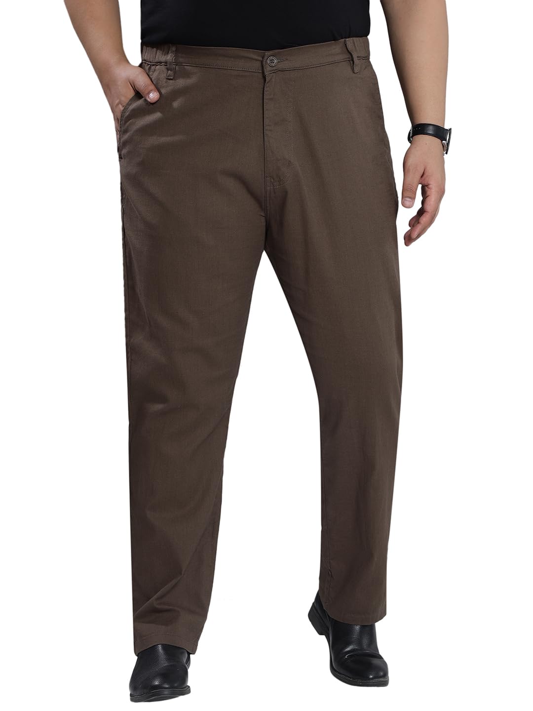john pride Plus Size Men Regular Fit Mid-Rise Cotton Linen Brown Elasticated Waist Casual Trouser (JPTR21060_Brown)-picture-18