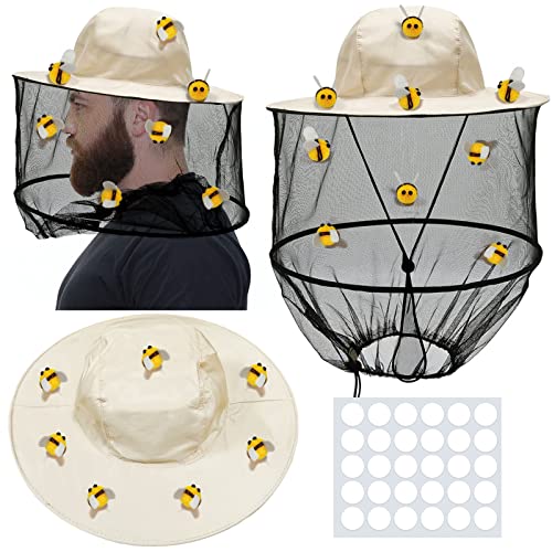 DTESL 47 Pcs Beekeeper Set,Including 2 Pcs Bee Hat and Veil, 15 Pcs Hairball Bee and 30 Pcs Round Double Sided Tape,Beekeeping Helmet Hats with Netting,for Bee Keeper Halloween Costume (Set - A)