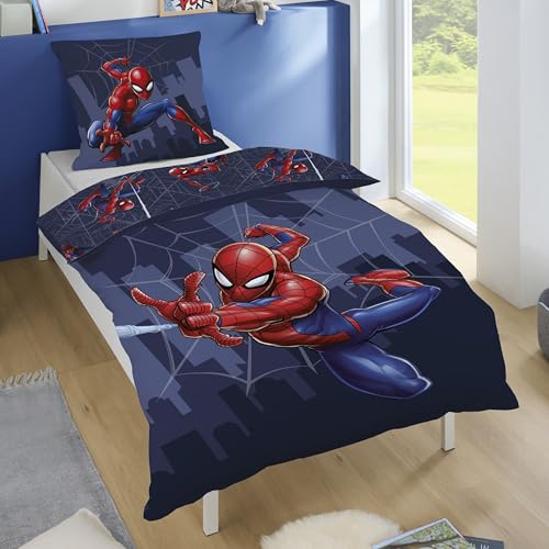 Spiderman Bettwäsche Set (2-teilig) für Jungen, Blau, Renforcé aus 100% Baumwolle - Decken- und Kissenbezug 135x200 80x80 cm mit Reißverschluss -...