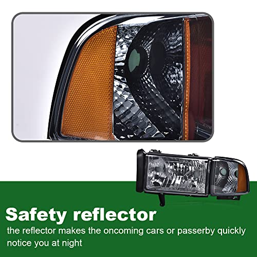 Image of GRAND ORANGE Headlights Assembly, Compatible with Dodge Ram 1500 2500 3500 1994 1995 1996 1997 1998 1999 2000 2001 2002 Black Housing Clear Corner Lamps(Smoky lens Chrome Housing Amber Reflector)