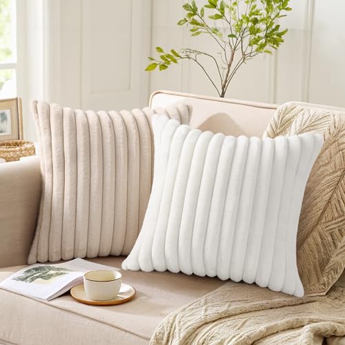 Pallene Faux Fur Plush Lumbar Throw Pillow Covers 12x20 Set of 2, Luxury Soft Fluffy Striped Decorative Pillow Covers for Sofa, Couch, Living Room, White