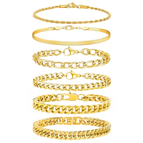 Zocomi Gold Plated Chain Bracelets for Men Boys Stainless Steel Stack Cuban Link Figaro Rope Chains Wrist Band Accessories Metal Mens Bracelet Pack Set Jewelry Gifts Him Male Pulsera Para Hombres 8.3 Inch