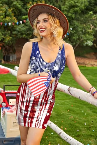Image of For G and PL Women 4th of July American Flag Tank Dress Deep V Neck Stars Stripe Mini Patriotic Sleeveless Sundress