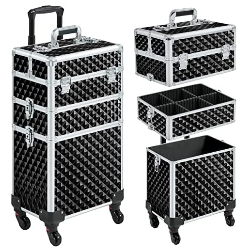 Yaheetech 3 en 1 Maleta de Maquillaje Meleta Portatil Organizador Estuche Cosméticos Superficie Bandeja para Viaje Trabajo Maleta con Ruedas