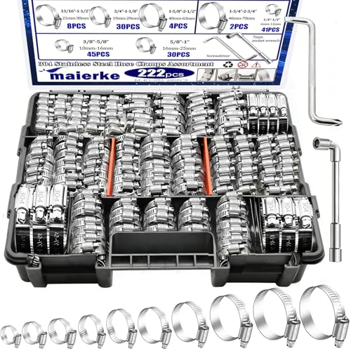 maierke 222PCS 304 Stainless Steel Hose Clamps Assortment Kit Metal Adjustable 1/4-2-3/4(6-70mm) Worm Gear Hose Clamp Small Hose Clamps for Automotive Radiator Pipe Plumbing Fuel Line