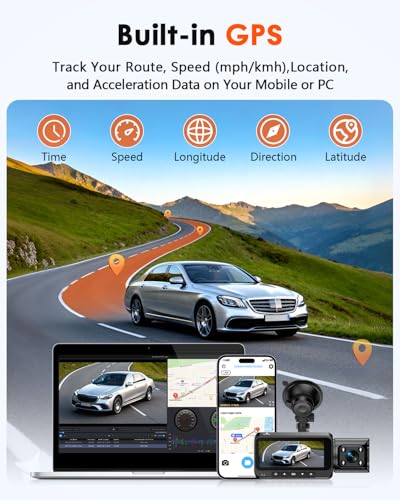 Image of 3-Channel Dash Cam 4K for Car: Front, Rear & Inside Dash Camera with 5GHz WiFi & GPS - 24H Parking Mode, 64GB Card for Rideshare Driver