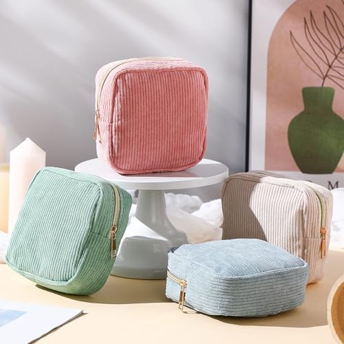 Image of Dansydaisy 4 Pcs Sanitary Napkin Storage Bag Blue Corduroy Period Bag for Gift School Teen Makeup Mini Preppy Cosmetic Wallet Set for Women Teacher Portable First Period Cute Pad Pouch with Zipper