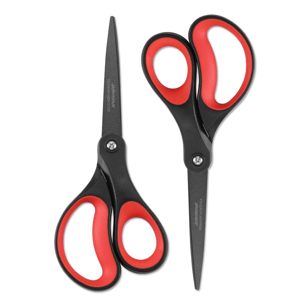 JARVISTAR Forbici Multifunzione, Forbici da ufficio, Lame Rivestita in Titanio Super Affilate, Impugnatura Morbida e Confortevole, Forbici Set, 21 cm, 2 pezzi (Rosso/Nero)