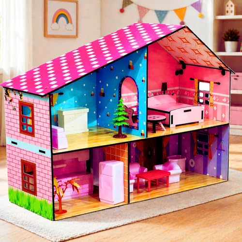 Image of Girls Wooden 2 Storey Dollhouse | Kids DIY Pretend Playset with Moveable Furniture and Multiple Sticker Sheets | Birthday Gift Playhouse for Children (Pink, Age 3-10 Years)