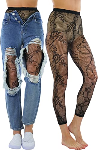 Image of ToBeInStyle Women's Single Floral Lace Fishnet Tights Footless & Stirrup Design