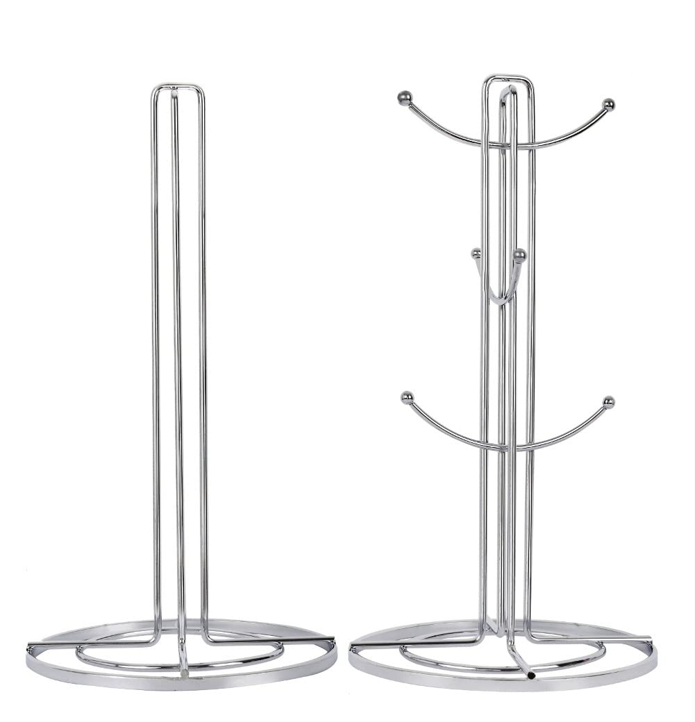 Royal Cuisine Set of Stainless Steel Coffee Tea Mug Tree and Kitchen Roll Holder Mug Hanger Stand Paper Towel Holder Tea Coffee Cup Holder with 6 Hooks Kitchen Towel Holders Mug Holder Kitchenware