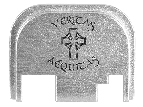 NDZ Performance Rear Slide Cover Back Plate for Glock Gen 1-4 Laser Engraved Anodized Aluminum in Silver - Celtic Cross Veritas Aequitas