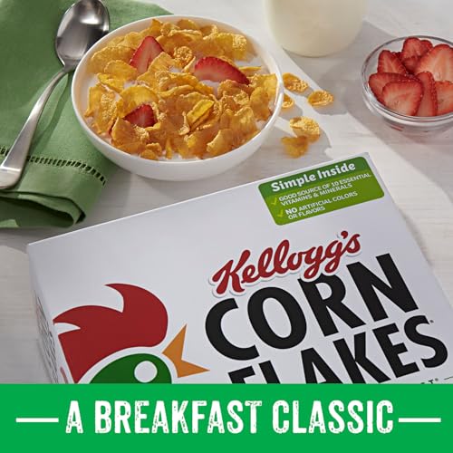 Image of Kellogg's Corn Flakes, Breakfast Cereal, Original, Fat-Free, 18 oz Box | 8 Vitamins and Minerals, Family Breakfast
