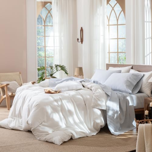 Image of MooMee Striped Sheet Set 100% Washed Cotton Linen Like King | Relaxed Linen-like Texture. Soft, Breathable & Lightweight Comfort. 15-19 inch Extra Deep Pocket with All-around Elastic