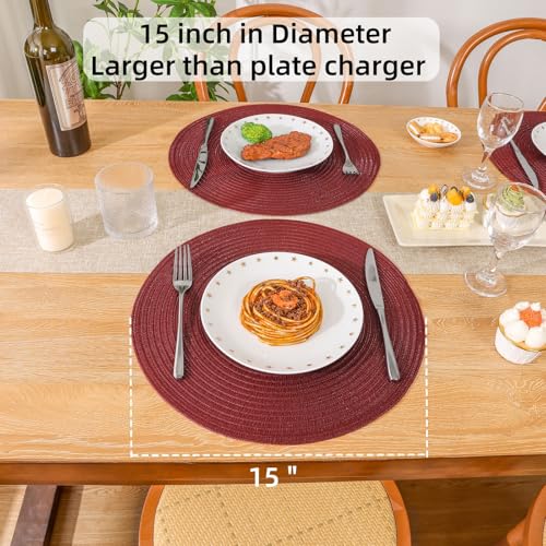 Image of SHACOS Round Placemats Set of 12 for Dining Table 15 inch Round Braided Place Mats Cotton Polyester Washable Non Slip Kitchen Table Mats, Burgundy