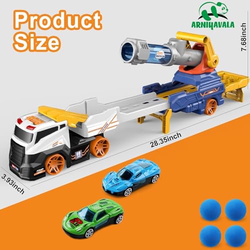 Image of Truck Toys for Kids, 28 inch Large Car Toys Include 2 Racing Cars+4 Ball, with Light & Sounds, Eejection&Shooting Transport Cars Toy, Gifts for Boys Girls 3 4 5 6 7 8 Year Old