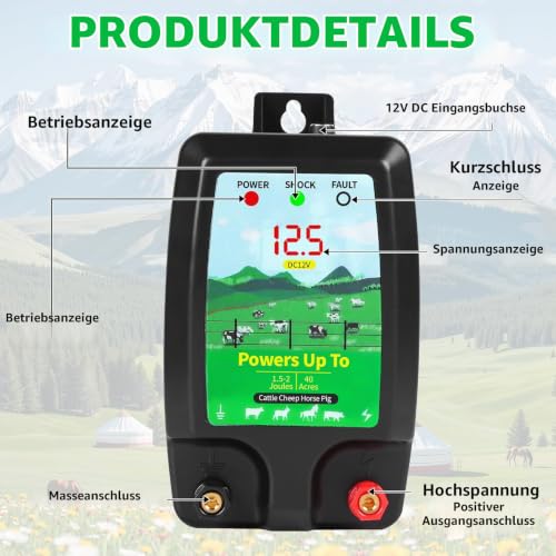 SWAWIS Weidezaungerät 12V LED Anzeige Elektrozaun 10km Reichweite Weidezaun