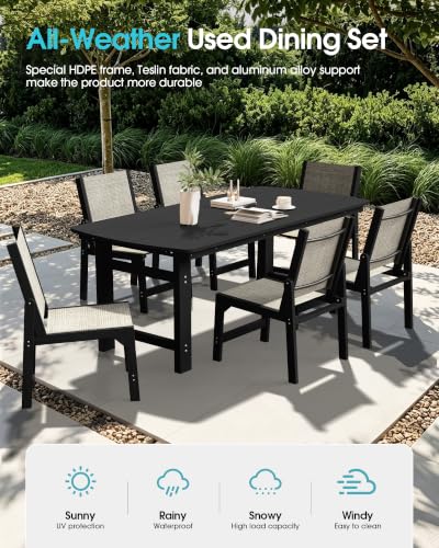 Image of Ciokea HDPE Outdoor Dining Set, Patio Table and 6 Stackable Chairs, Black | All-Weather Furniture Set with 2 inch Umbrella Hole and Armless Chair. Breathable Teslin Fabric Suitable for Outdoor Leisure.