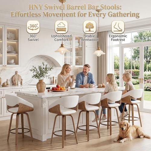 Image of 26'' Modern Barrel Swivel Counter Stools Counter Height Swivel Bar Stools with Backs Set of 4, White Linen Upholstered Bar Height stools, Farmhouse Solid Wood Barstools for Kitchen Island, Home Bar