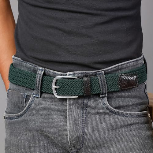 Image of LOUIS STITCH Men's Braided Elastic Stretch Belt with Leather Tipped End Stretchable Canvas Waist Band for Men Women Boys Girls Unisex (Width 3 cm) (BE-EL)