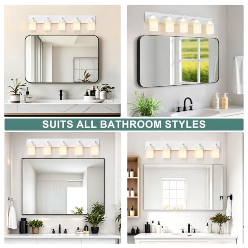 Image of IZORRO Bathroom Light Fixture White, White Glass Shade 36-Inch 5-Light