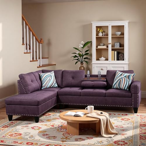 Image of L-Shaped Sectional Sofa, Modern 4-Seat Couch with Built-in Cup Holders, Upholstered Fabric Sectional Couch with Left Facing Chaise for Living Room, Apartment, Office, Purple