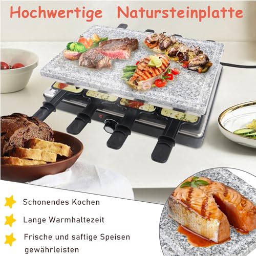 Griglia per raclette per 8 persone, con piastra in pietra e piastra per barbecue, 1400 W, 8 padelle e spatole in legno, temperatura regolabile, per interni - immagine 5