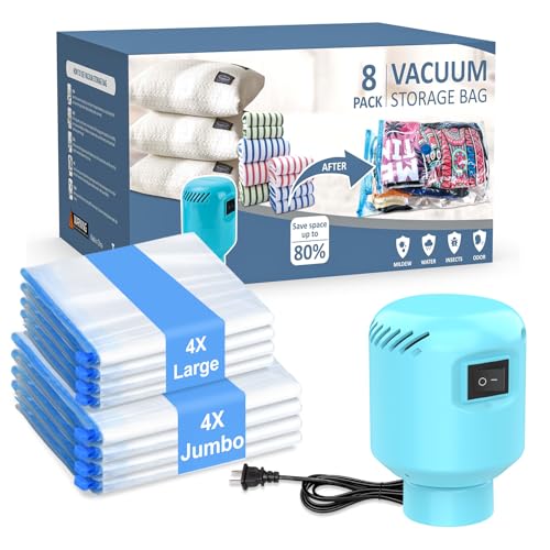 Image of ZXA Vacuum Storage Bags with Electric Air Pump, 8 Pack (4 Large, 4 Jumbo) Vacuum Seal Bags for Clothing, Space Saver Vacuum Storage Bags for Blanket, Duvets, Pillows, Comforters - Blue