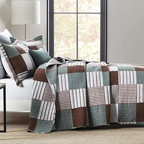 Image of Finlonte Quilts Queen Size - 100% Cotton Queen Comforter Set Brown Green White Plaid Farmhouse Quilt Bedding Set, Reversible Lightweight Soft Bedspread, Quilted Coverlet All-Season, 3-Piece