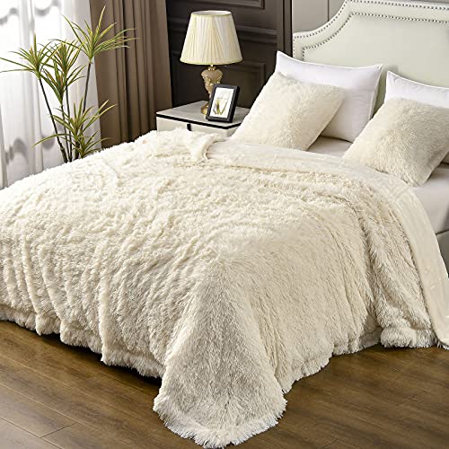 YUSOKI Twin Size Faux Fur Throw Blanket(Cream White,60" x 80"),Whithout Pillows,Winter Lightweight Plush Fuzzy Soft Cozy Microfiber Comfy Bed Blanket for Women Kids Girls Couch Sofa Washable