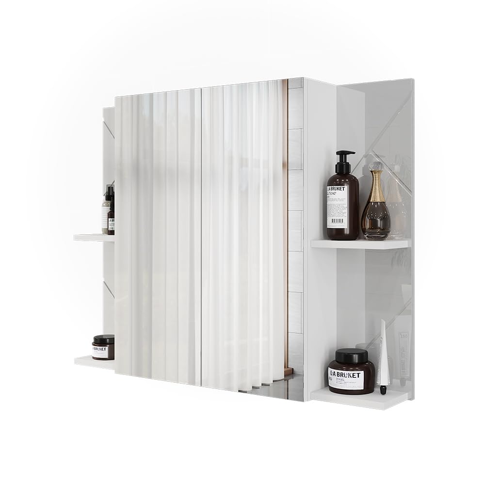 Vicco Mobile a specchio per il bagno Irma, Bianco/bianco lucido, 100 x 75 cm con 2 porte, con specchio e ripiani regolabili