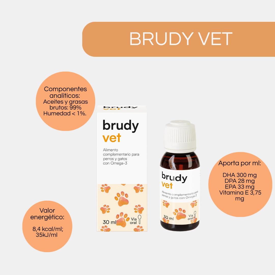 BRUDYLAB - Brudy Vet - Alimento Complementario para Perros y Gatos con Omega 3 - Aceite Vegetal, Aceite de Pescado y Vitamina E - Via Oral - 30 ml