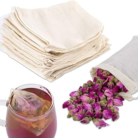 LODROC 50 Pieces Tea Filter Bags, 100% Cotton Drawstring Muslin Bags Reusable Mesh Snack Spices Bags Coffee Loose Leaf Tea Infuser Crafts Soap Nuts Gift Bag for Office Home Kitchen(3.9 x 5.9 inch) Cover