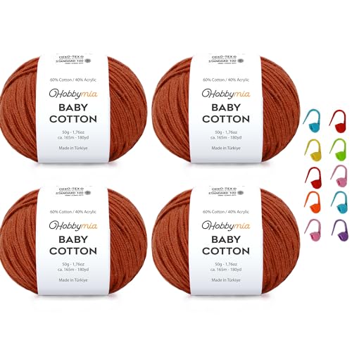 Image of Baby Cotton Blend Yarn - Soft Sport Weight Yarn for Crochet & Amigurumi - 50g /180yds - 60% Cotton 40% Acrylic - Ideal for Baby & Knitting Proj. & 10 Stitch Markers(Brown Rust, 4 Balls)