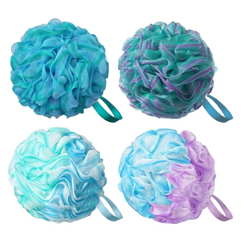 flintronic 4 Pezzi Spugna Doccia, 75g Grande Palla Doccia, Confortevole e Morbida Tessuto a Rete, Loofah Sponges per Esfoliazione Corporale e Massaggio