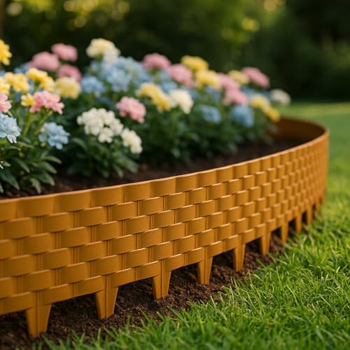 Image of Woven Garden Border Fence Brick Design (10 Pcs) Bamboo - Interlocking Edging Panels | Flexible Weave Fence for Flower Beds, Lawns & Pathways