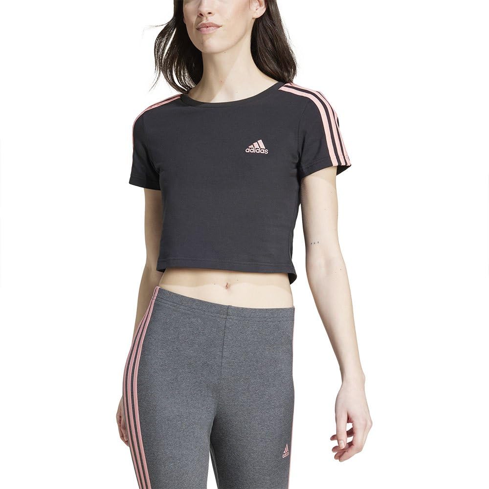 adidas Women's Essentials 3-Stripes Crop Tee, Black/semi Pink Spark, L