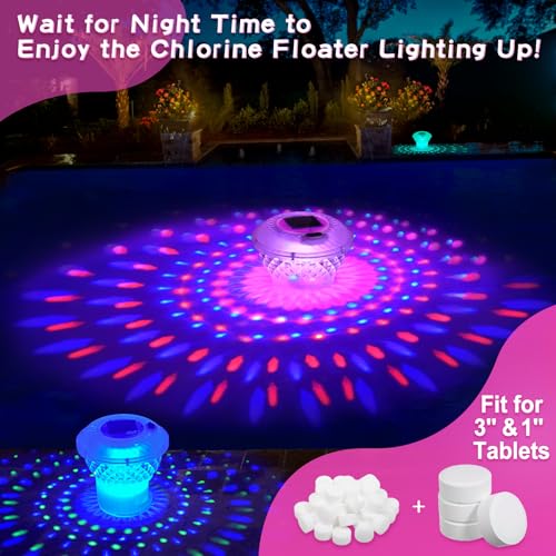 Image of Solar Pool Chlorine Floater,Chlorine Floater with Colorful Lights,Button Control Floating Pool Chlorines Dispenser,Adjustable Release & Easy Opening,Solar chlorines floaters for Hot Tub,Blue
