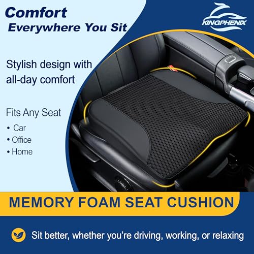Image of kingphenix Car Seat Cushion - Memory Foam Pad for Driving Comfort - Boosts Height and Relieves Coccyx & Lower Back Pain - Car, Truck, Office Chair (Leather & 4D Mesh Black)