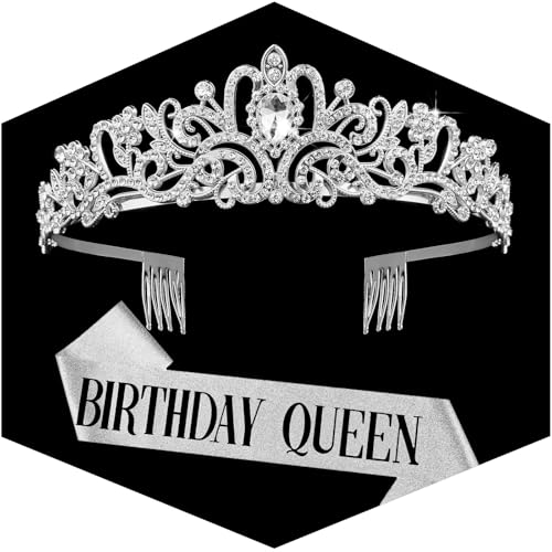 Image of Fesciory Birthday Crown for Women, Gold Plated Crystal Tiara with Sash | Sparkling Princess Queen Tiara, Adult Fit, Birthday, Wedding, Prom, Coming of Age Gifts & Halloween Costume Accessories