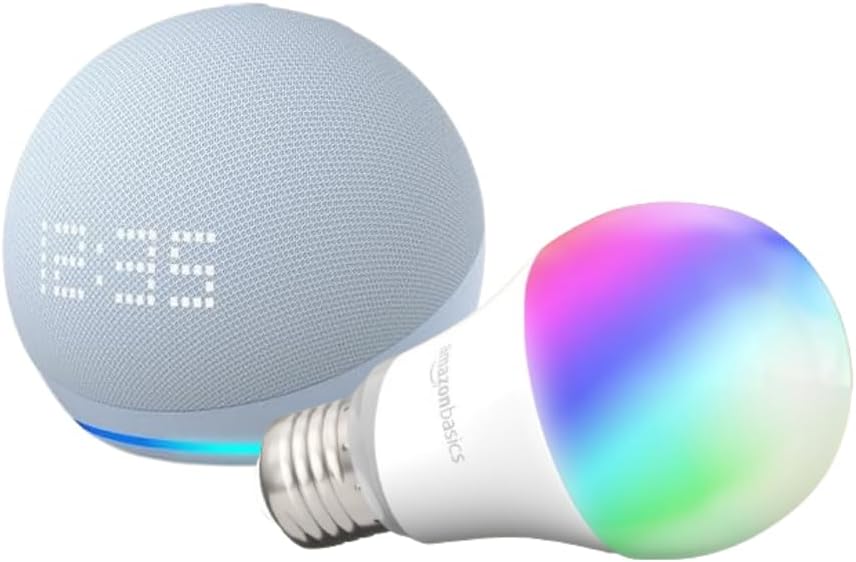 Echo Dot (5th Gen) with Clock| Cloud Blue with Amazon Basics Smart Color Bulb