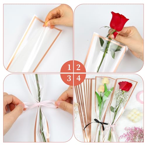 100 Sheets 15.7" x 4.7" White Flower Bouquet Wrapping Bags Plastic Paper Sleeves, Total 208Pcs RibbonsX3 Greeting CardsX25 Paper ClipsX80 Floral Bouquets Bag Ideal for Flowers Bar Graduation Wedding by BESUPERT - Image 3