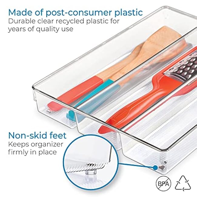 iDesign Linus Plastic Kitchen Drawer Utensil Organizer, Divided Storage Container for Silverware, Spatulas, Gadgets, 3.8 x 10.5 x 2 - Clear