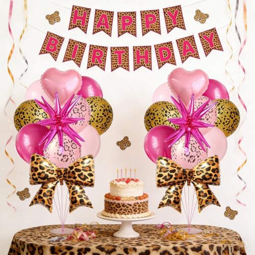 Image of 25Pcs Pink Cheetah Birthday Decorations, Pink Gold Cheetah Print Balloons